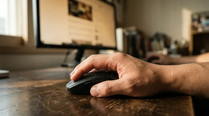 A Korean creator's hand holding a worn mouse on a wooden desk with a blurred monitor in the background.