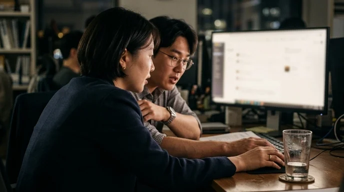 Two Korean colleagues viewed from over the shoulder, discussing in a dimly lit office near an out-of-focus monitor.