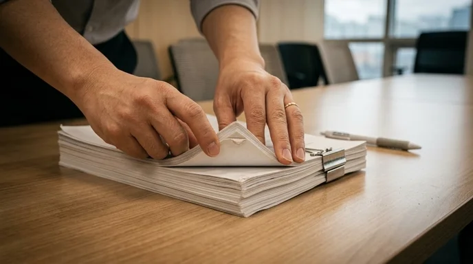 A Korean office worker's hands aligning a thick stack of printed documents on a wooden meeting table.