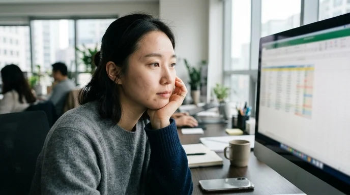 A Korean marketer resting her chin on her hand while looking at a blurred monitor in a bright office.