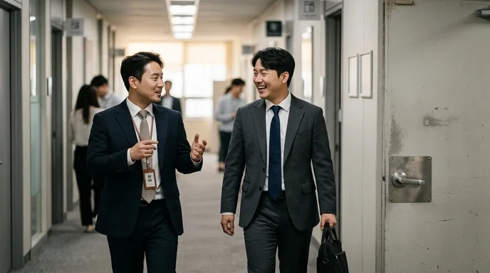 Two Korean office workers walking and conversing in a corporate hallway.