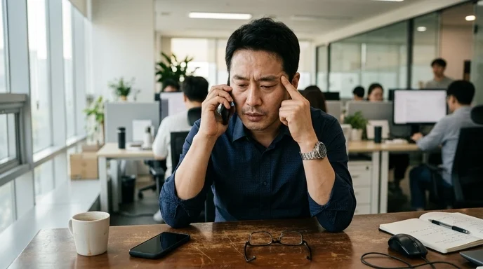 A Korean manager holding a smartphone to his ear and pressing his temple in an office.