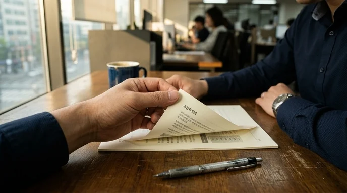 A Korean office worker's hand turning a printed document page on a wooden desk with a scratched pen.