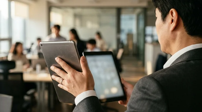 Over the shoulder of a Korean manager holding a scratched tablet with the screen thrown out of focus.