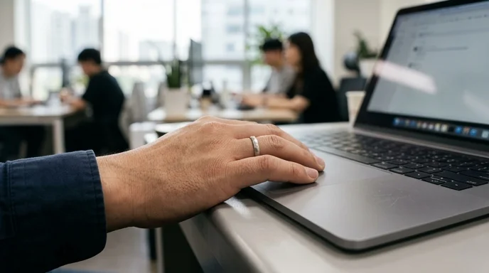 A Korean professional's hand resting on an aluminum laptop palm rest in soft afternoon light.