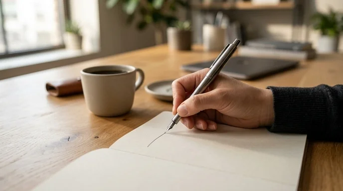 A Korean professional's hand drawing a line in a blank notebook with a pen.