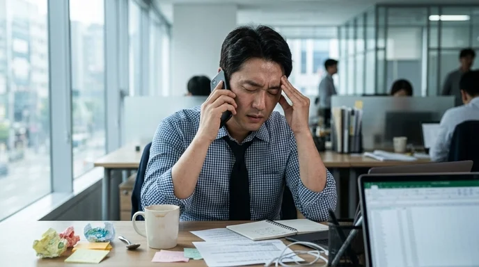 Upper body of a Korean marketer massaging his temple while on a phone call.