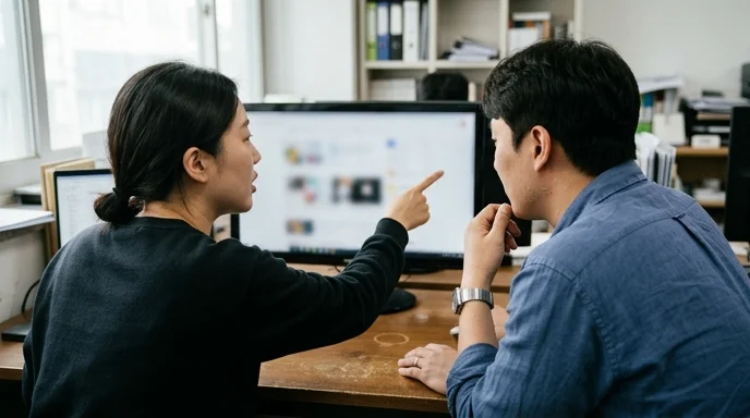 Two Korean marketers seen from behind looking at a monitor in an office, one pointing at the screen edge.