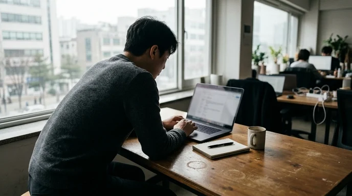 Silhouette back view of a Korean marketer leaning towards an unbranded laptop by a window on an overcast day.