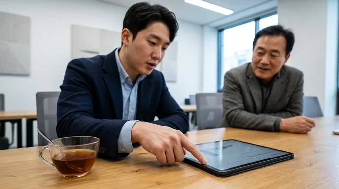 Two Korean colleagues discussing over a meeting room table with an out-of-focus tablet.