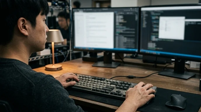A Korean IT professional viewed from over the shoulder, resting hands on a worn mechanical keyboard in a dim office.