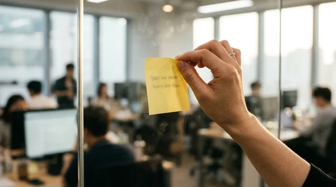 A Korean team member's hand placing a sticky note on a glass partition wall backlit by an office window.