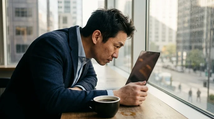Silhouette of a businessman leaning towards a laptop by a bright office window.