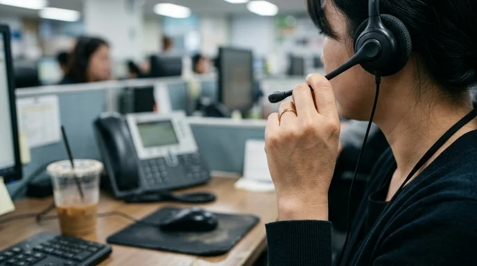 A Korean agent's hand adjusting the microphone of a headset next to a cold coffee.