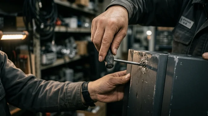 A Korean engineer's hand using a screwdriver to remove a bolt from the scuffed rear metal plate of an LED cabinet.