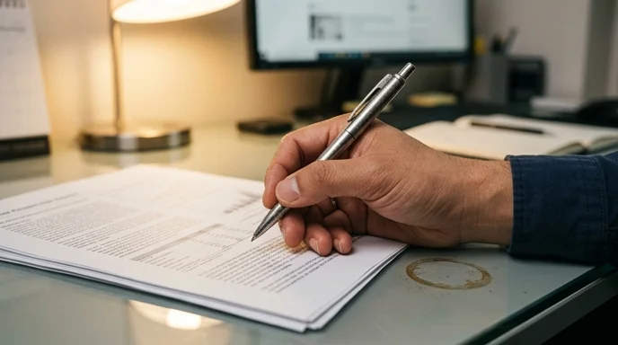 A Korean planner's hand holding a metallic pen resting on an out-of-focus printed report on a glass desk.