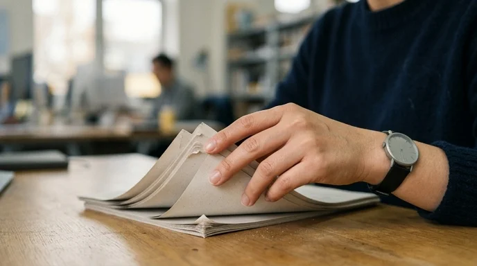 A Korean marketer's hand flipping through a stack of printed documents on a wooden desk.