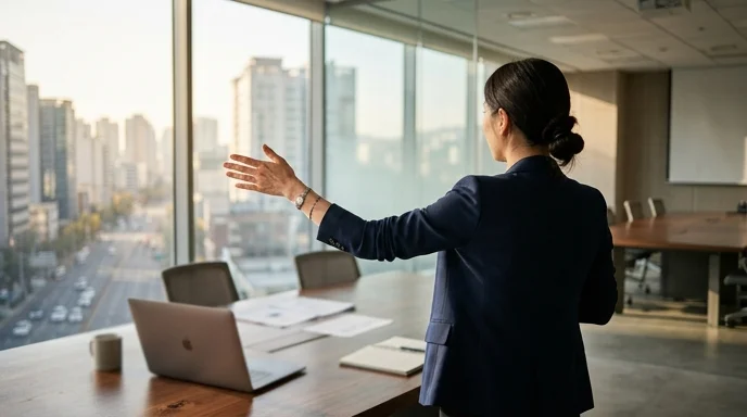 View from behind of an employee gesturing toward a plain glass wall during a meeting.