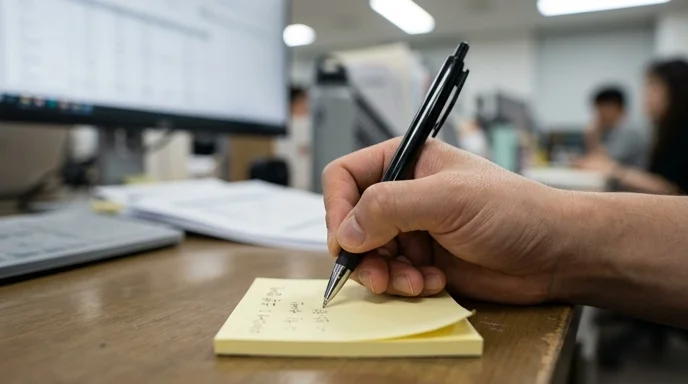 A Korean worker writing marketing costs on a sticky note attached to a desk.
