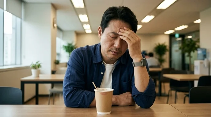 A Korean manager rubbing his forehead with a distressed expression in an office break area.