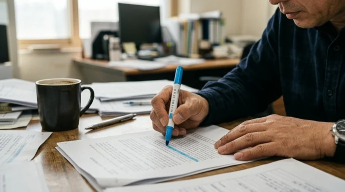 A Korean worker's hand highlighting a printed document scattered on a desk.