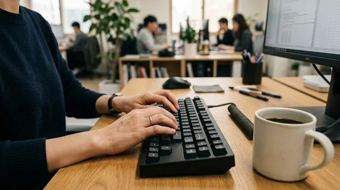 Two hands of a Korean marketer typing on a mechanical keyboard with a ceramic mug nearby in a modern office.