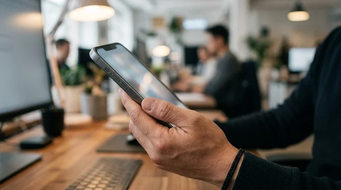 A Korean developer's hand holding a smartphone in a modern office to check loading speed.