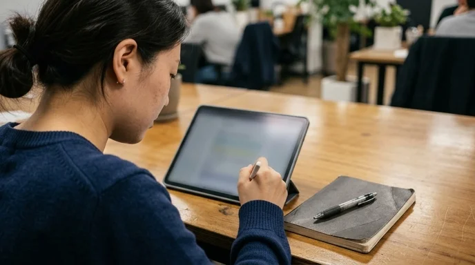 View over the shoulder of a Korean marketer working with a tablet and a notebook on a desk.