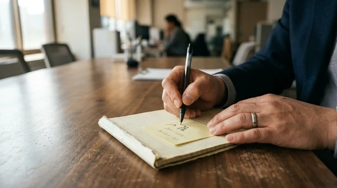 A Korean manager's hand adding handwritten marks on a sticky note with a pen on a dusty meeting table.