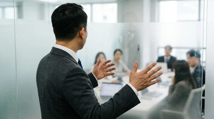 A Korean manager's back explaining with gestures in front of a smudged frosted glass wall.