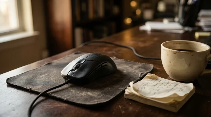 A black wired mouse resting on a worn mousepad next to a stack of sticky notes and a coffee cup.