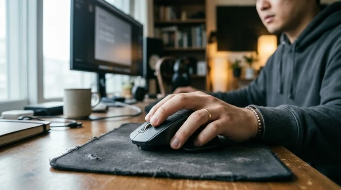 A creator's hand scrolling a matte plastic mouse on a worn fabric pad with a blurred monitor behind it.