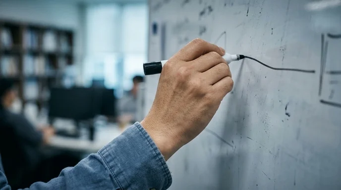 A Korean developer's hand drawing connecting lines with a black marker on a smudged whiteboard.