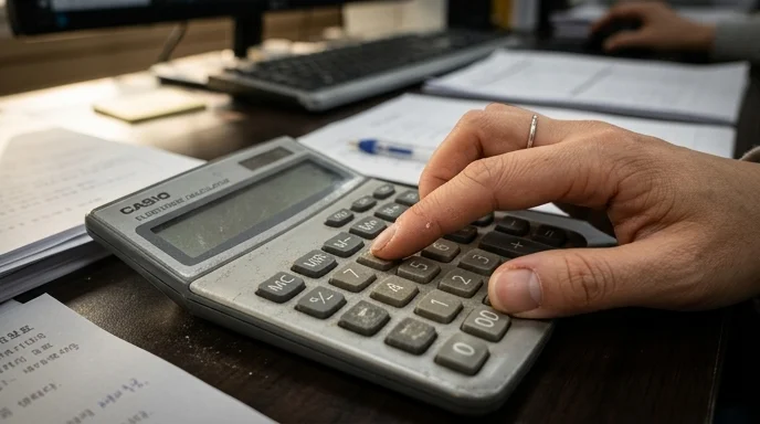 A close-up of a Korean marketer's hand pressing buttons on a plastic calculator.