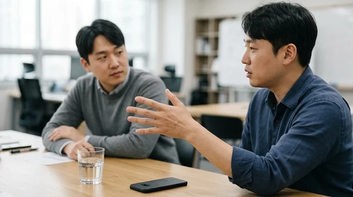 Two Korean colleagues discussing over a wooden meeting table with a glass tumbler and smartphone.