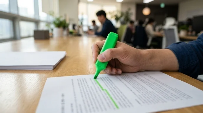 A hand using a green highlighter on a printed report resting on a light oak desk.
