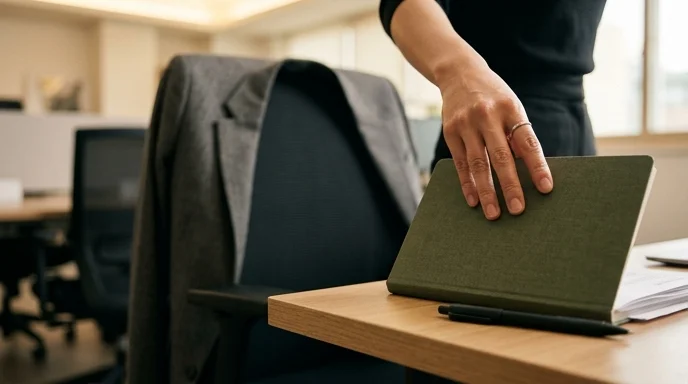 A Korean operator's hand adjusting a notebook on a desk, with a suit jacket draped over a chair.