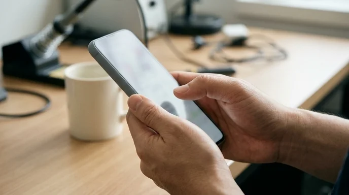 A Korean technician's hands holding an unbranded smartphone and tapping the screen.