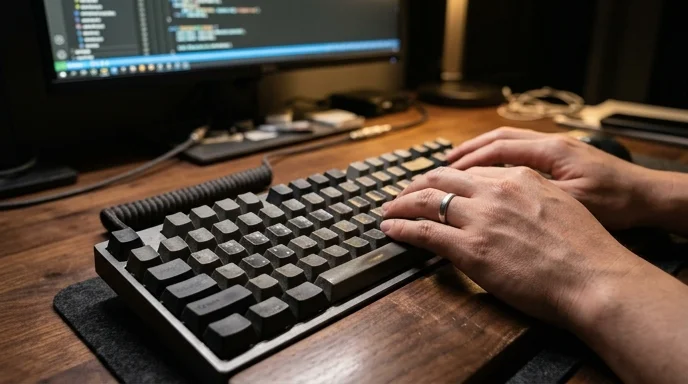 Hands of a Korean programmer resting on a worn mechanical keyboard with the monitor out of focus.