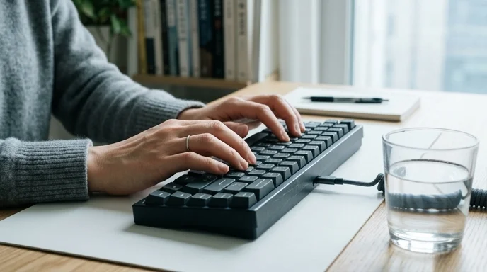 A Korean writer's hands typing on a keyboard next to a glass cup of water on a desk.