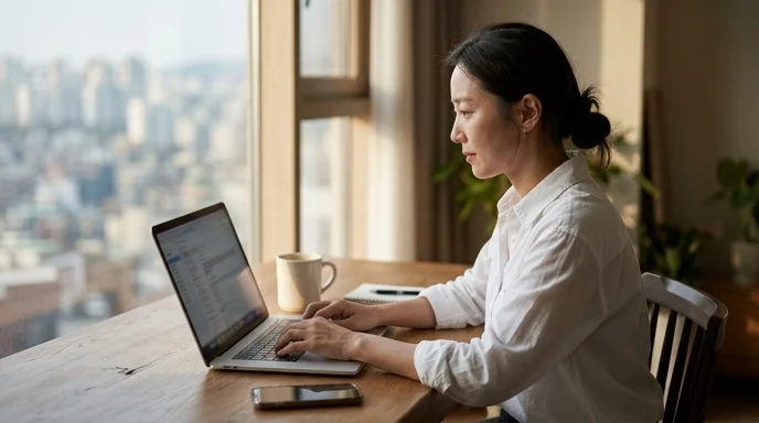 A Korean marketer viewed from the side leaning toward a laptop near a window.