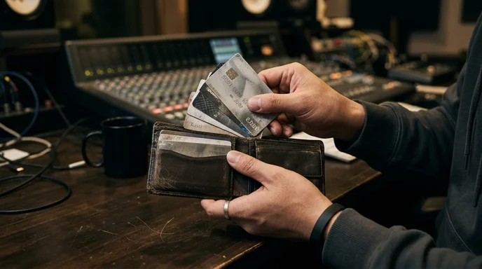 A Korean producer's hands pulling multiple credit cards from a wallet.