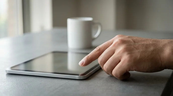 A Korean engineer's hand pointing at an unbranded tablet on a desk.