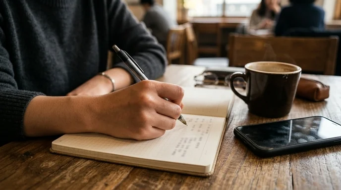 A Korean blogger's hand writes in a blurred notebook with a pen next to a half-empty mug and a smudged phone.