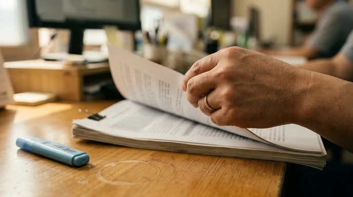 A Korean office worker's hand turning a page of a thick printed document with a faded highlighter nearby.