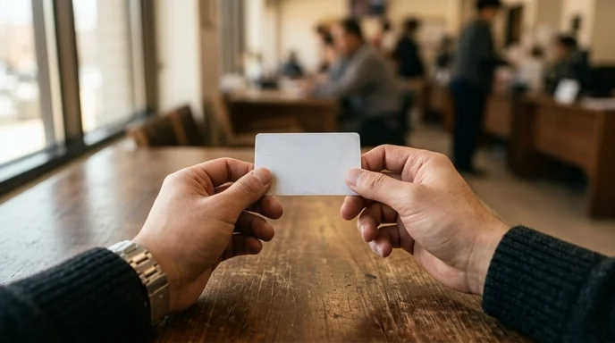 An applicant's hands holding a blank plastic card over a wooden desk.