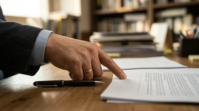 The hand of a Korean administrator pointing at the blank margin of a printed report.