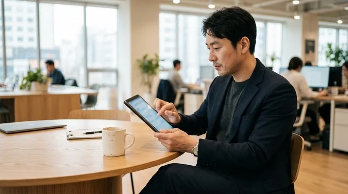 A Korean marketer sitting sideways at a round table, swiping a tablet screen next to an empty mug.