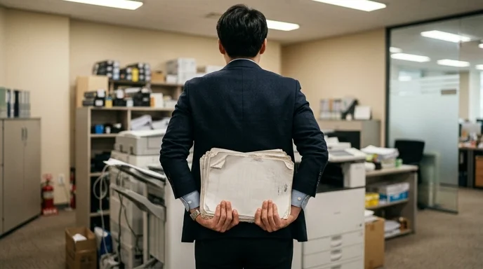 A Korean office worker holding a stack of printed documents from behind.
