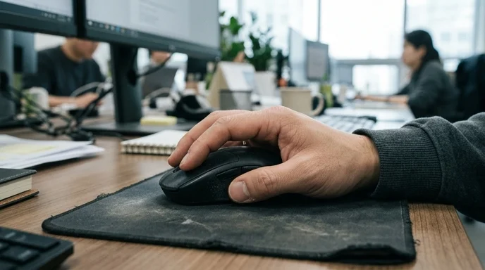 Close-up of a Korean employee's hand gripping an unbranded mouse on a scuffed mousepad.